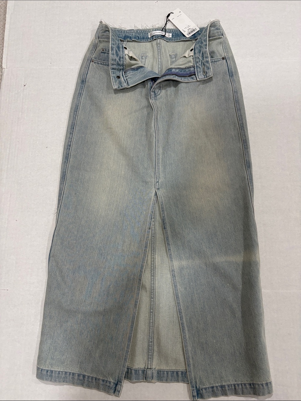 Moussy faded Denim Maxi Skirt with Front Center Slit.